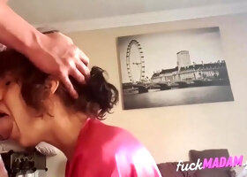 Amateur Brunette Deepthroats and Gags on a Big Cock
