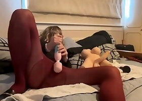 prostate_play - dildo riding, playing with trans doll with a bit of pee through pantyhose