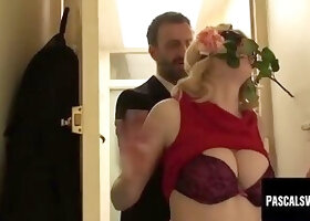 Busty submissive plays dual roles with flower and cock