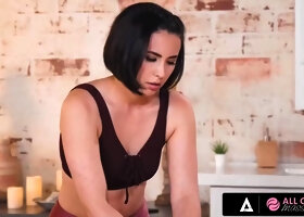 Oily Brunette Masseuse Scissors Hard Against Her Client